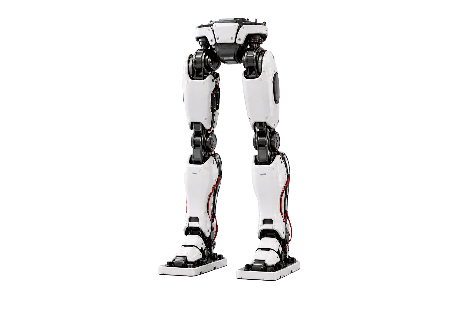 A standalone robotic biped test platform with a pelvis, two articulated legs, and two feet