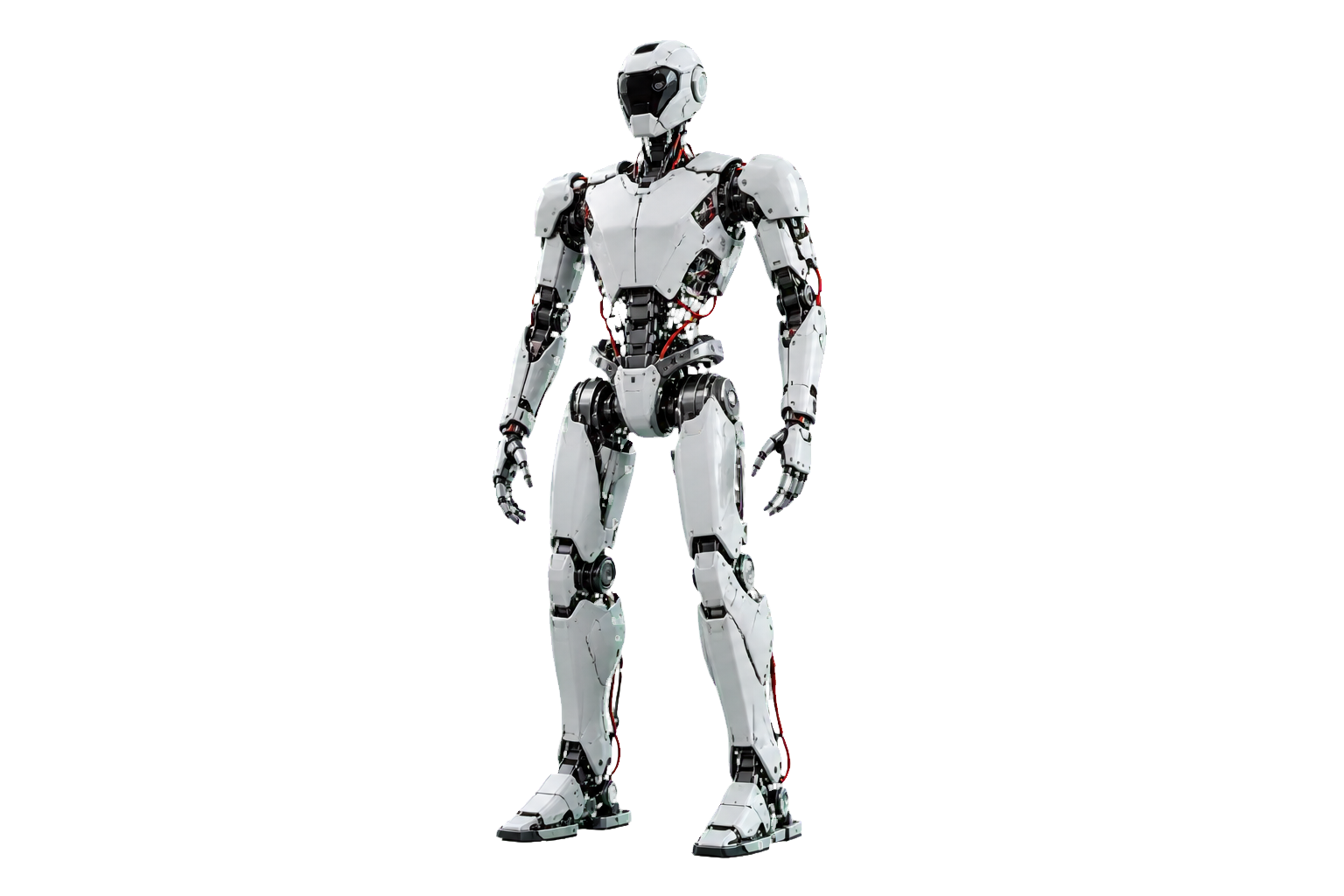 An advanced full-system humanoid robot with white composite panels and exposed precision actuators